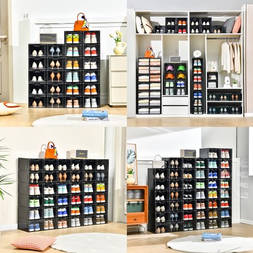 Image of Stebopum 12 Pack Shoe Boxes Organizer, Magnetic Door Shoe Storage Boxes, Clear Sneaker Storage Box for Women /Men, Fit up to US Size 12