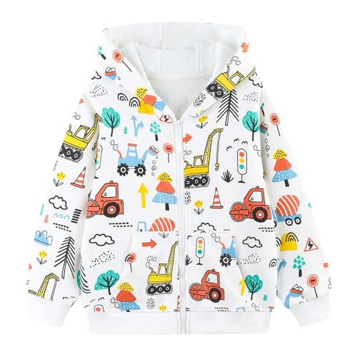 Hoseay Sudadera con Capucha Cremallera Niños, Algodón Chaqueta Manga Larga y Bolsillos, Lindo Tractor Casual Escolar Hoodie Tops Primavera Invierno Ropa para Infantil 5-6 Años, Blanco