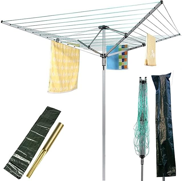 IFJA 45m Heavy Duty Rotary Airer - Clothes Dryer Outdoor- 4 Arms Freestanding Rotary Washing Line - Laundry Dryer -Silver & Grey Foldable Washing Line With Ground Spike & Cover
