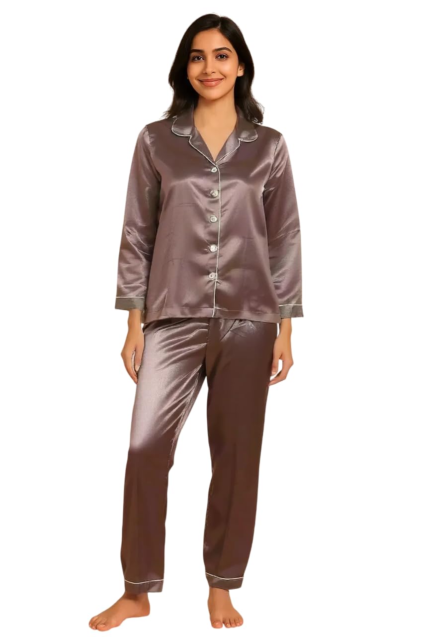 Women Satin Night Suit Set Pink Solid,Mandarin Neck Full Sleeve Nightsuit Set | Pajama Set | Casual Night Dress for Women