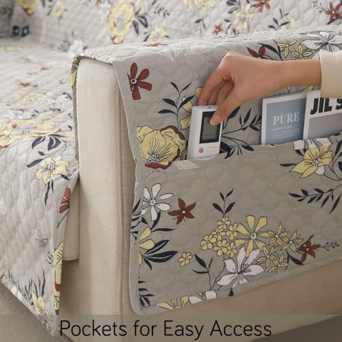 Image of HOKIPO 'VivaCasa Series' Polyester 1 Seater Quilted Sofa Cover with Pockets, Floral Ash Grey (NEW-IN-737-D3)