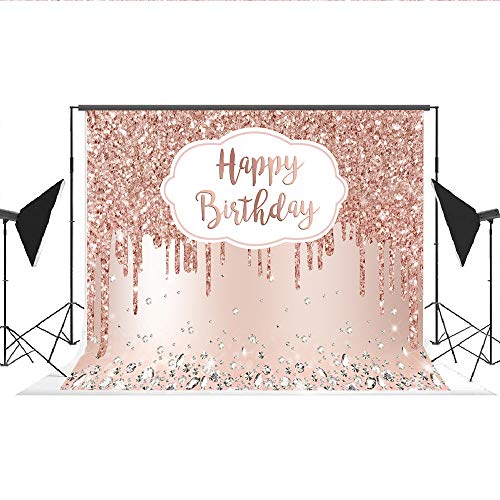 Pink Rose Golden Birthday Party Backdrop Glitter Diamonds Happy Birthday Background Girls Sweet 16 18Th 21Th Birthday Party Decorations Cake Table Banner Supplies 7X5Ft #TOP3