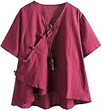 Minibee Women's Linen Retro Chinese Frog Button Tops Blouse Wine Red XL