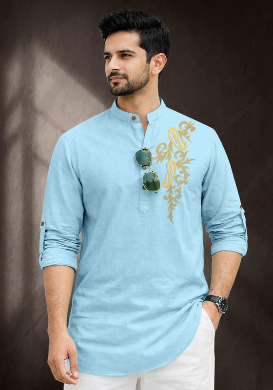 Image of Cotton Blend Self Design Printed Casual Short Kurta for Men Long Sleeve Mandarin Collar Stylish Kurta Shirt for Men