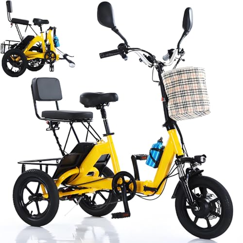 Triciclo Eléctrico Plegable Para Adultos (2025),11-20 Km/H,45 Km De Autonomía,200 Kg De Capacidad, Con Asiento Para Pasajero Y Cesta Grande, Ideal Para Ir Al Trabajo Y Hacer Compras Yellow