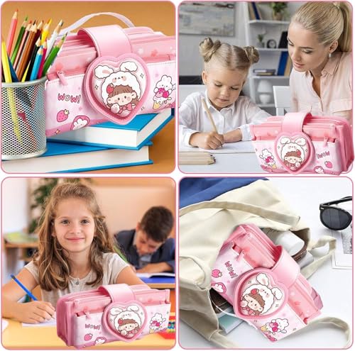 Image of Invite Canvas Kawaii Pencil Case 3 Compartment Cute Aesthetic Pencil Case for Girls Large Capacity Pen Pencil Pouch Multifunctional Stationery Organizer for School Office Kids (Heart Shape-Pink)