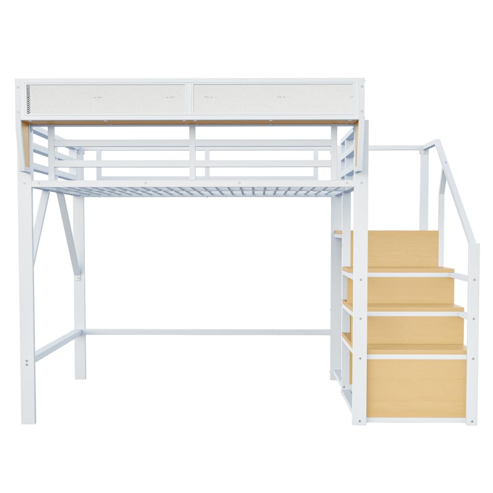 Cama alta de 140 x 200 cm con estructura de metal, cama de matrimonio de 140 x 200 cm con escalera de seguridad y compartimento contenedor flexible, cama para niños, sin colchón, color blanco