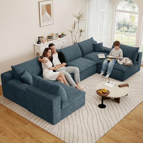 Image of 136 inch Cloud Couch Modular Sectional Sofa for Living Room, U-Shape Boneless Couch with Deep Seat, Modern Corduroy 6-Seater, No Assembly Required, Blue