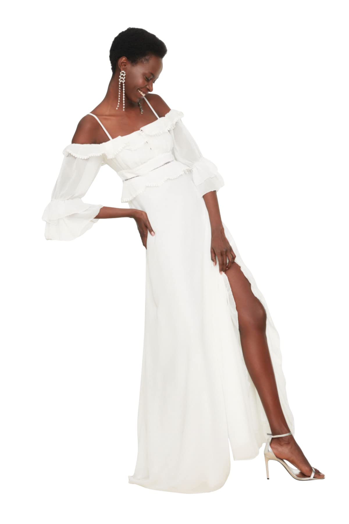 Trendyol Línea Mujer Vestido de Noche Tejido Maxi Acampanado de Ajuste Regular