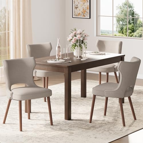 Image of Wooden Dining Chairs Set of 4, Farmhouse Dining Room Chairs with Solid Wood Legs, Mid Century Fabric Kitchen Chairs, Upholstered Chair for Restaurant & Cafe- Camel