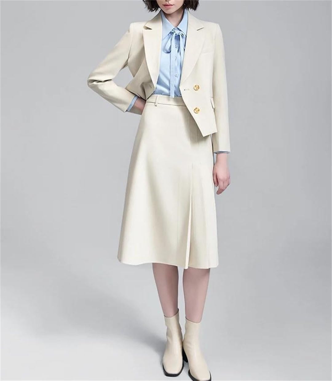 Women's Notched Collar Shirt Full Sleeve Single Breasted Coat and Knee Length Sheath Skirt Two Piece Formal Office Suit