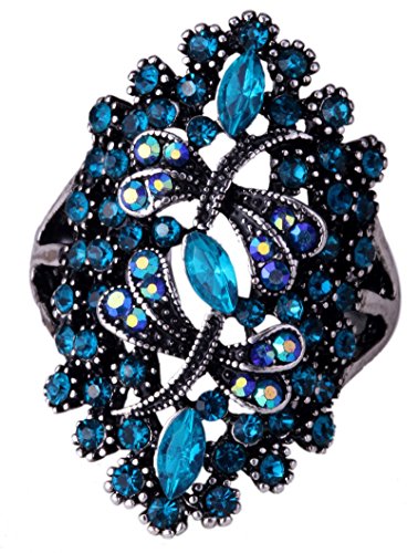 YACQ Women's Dragonfly Stretch Rings Fit Finger Size 7 to 9 - Lead & Nickle Free - Elastic Soft Band Perfect for Arthritis - Paved Crystals Jewelry - Silk Scarf Holders - 1-1/4 Inch Long (Blue)