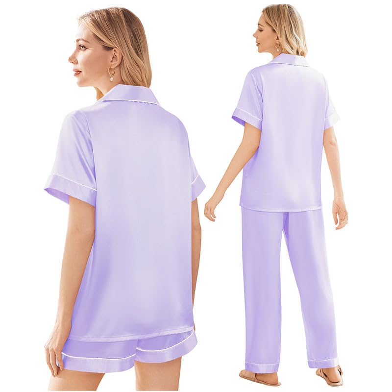 Image of Ekouaer Silk Pajamas for Women Set Satin Soft Short Sleeve Button Down Pjs