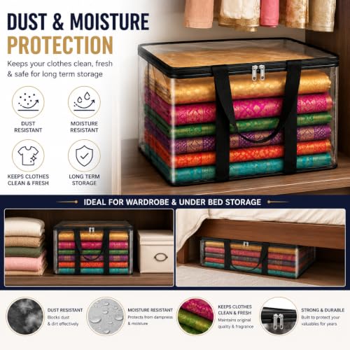 Image of Zollyss PVC Saree Storage Bags Pack of 2, Transparent Clothes Organizer, 200 Micron Foldable Wardrobe Storage Box with Metal Zipper & Strong Handles for Sarees, Blankets & Clothes, 40x32x22 cm