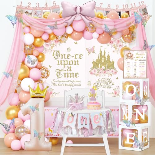Costova Princess 1st Birthday Party Decorations 122 PCs - One-ce Upon a Time First Party Supplies with Pink Fairytale Backdrop Balloon Garland Castle Tablecloth Cake Topper