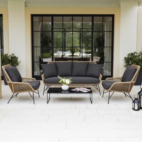 Image of DEVOKO 4-Piece Outdoor Rope Patio Conversation Loveseat Furniture with Cushions for Gardan Livinging Room Lawn (Beige and Black)