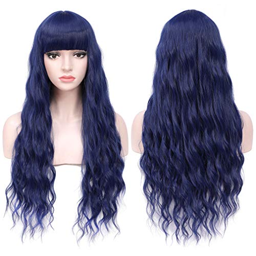 COSYMAY Dark Blue Wig 26'' Women Wig with Bangs Long Wavy Wig Synthetic Wig for Halloween Party Cosplay Heat Resistant Average Size