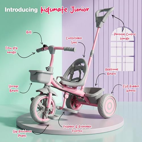 Image of Kidsmate Junior Tricycle for Kids with Parental Control | Cycle for Kids 1-4 Years | Baby Cycle | Bicycle with Storage Basket, Cushion Seat and Seat Belt Carrying Capacity 30 Kgs (Pink-Grey)