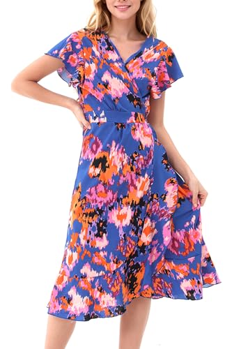 Image of Women's Summer Wrap Maxi Dress Casual Boho Floral V Neck Short Sleeve Ruffle Hem Split Beach Long Dresses