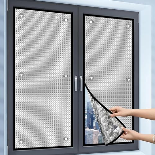 Aluminisierte Wärmeisolierung Isolierfolie für Fenster 99% Sonnenschutzfolie Rückstandslose Doppelte Verdunkelungs Fenster Folie mit Saugnapf für Dachfenster Mieter Altbau(Silvery 95x110cm)