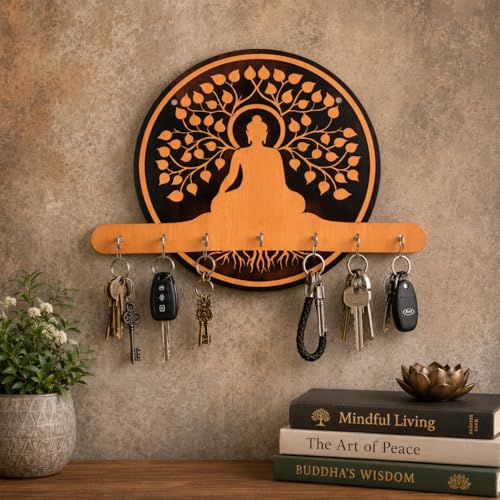 Image of Buddha Wooden Key Holder for Wall | Decorative MDF Key Stand with 7 Hooks | Spiritual Home Decor & Key Organizer for Entryway, Living Room, Office | Handmade Wall Mounted Key Hanger