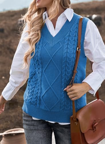 Image of EVALESS Oversized Sweater Vest for Women V Neck Sleeveless Cable Knit Tops