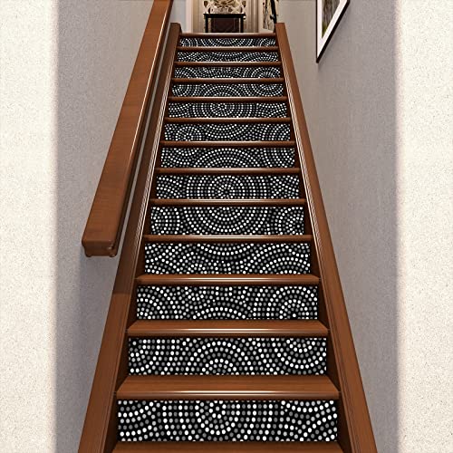 Black-And-White Pattern Self Adhesive Stair Stickers, Peel And Stick Vinyl Stair Risers Staircase Murals Decals Sticker Decor For Steps,39.4X7.1 Inch X13Pcs, White Black Grey #TOP2