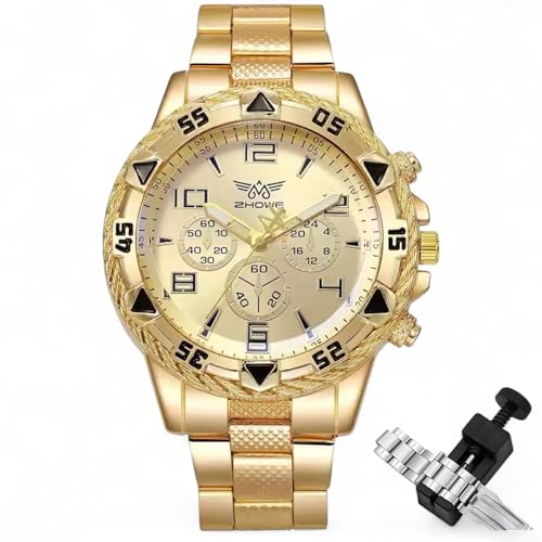 Reloj de Lujo para Hombre ZHOWE en Color Oro – Movimiento de Cuarzo Japonés, Subesferas Multifunción, Correa Ajustable con Herramienta de Ajuste y Caja de Regalo Elegan