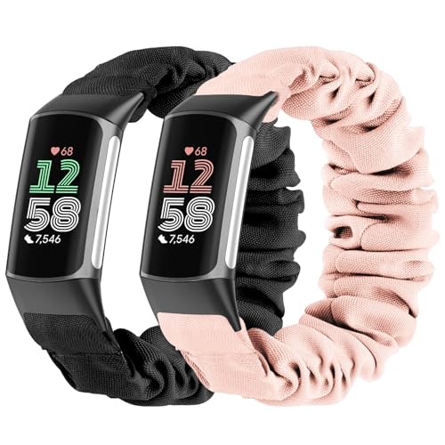 Wizvv 2 pulseras Scrunchie compatibles con Fitbit Charge 5/Fitbit Charge 6 para mujer y hombre, correa de repuesto de nailon elástico transpirable para Charge 5/Charge 6, S（119mm-160mm）, Nailon