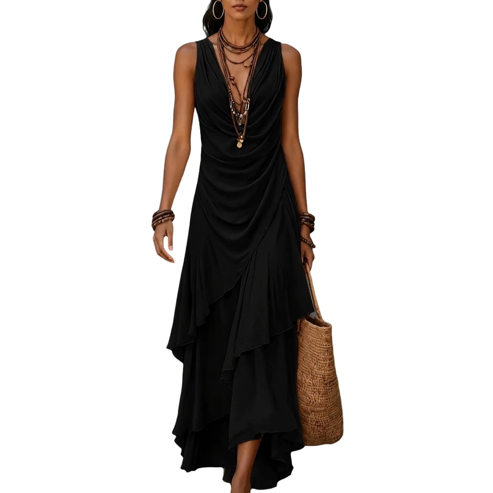 Generisch Hochzeitsgast Kleid Damen Sommer Chiffon Maxikleid V Ausschnitt Ärmellos Abendkleider Elegant Für Hochzeit Sommerkleid Damen Leicht Und Luftig Kleider Festlich Rüschen Partykleid