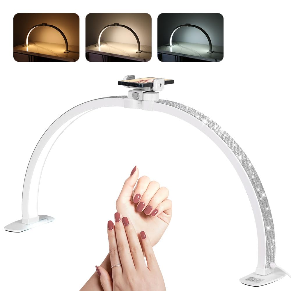 Janolia Half Moon Light for Nail Desk, 29In Nail Tech Lamp, Nail Table Light, 7 Color Modes, 10 Brightness for Tattoo/Eyelashes/Nail/Spa/Salon/Makeup, with Phone Holder