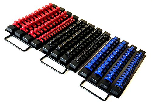 146pc SOCKET STORAGE TRAY RAIL RACK HOLDER SET 1/4 3/8 1/2 RED BLACK BLUE TRAYS 10-3/4