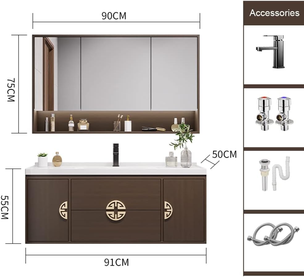 Wall Mounted Bathroom Storage Cabinet Set with Double Door, Floating Sink Pedestal Cabinet, Toilet Medicine Cabinet with Mirror (Color : Brown, Size : 90cm)