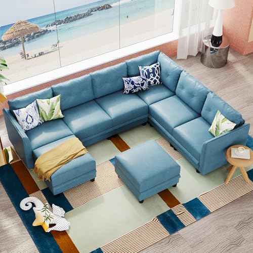 LLappuil Modular Sectional Sofa with Storage, Oversized U Shaped Couches for Living Room, Faux Leather Fabric Waterproof Couch, 7 Seats with Ottoman, Navy Blue