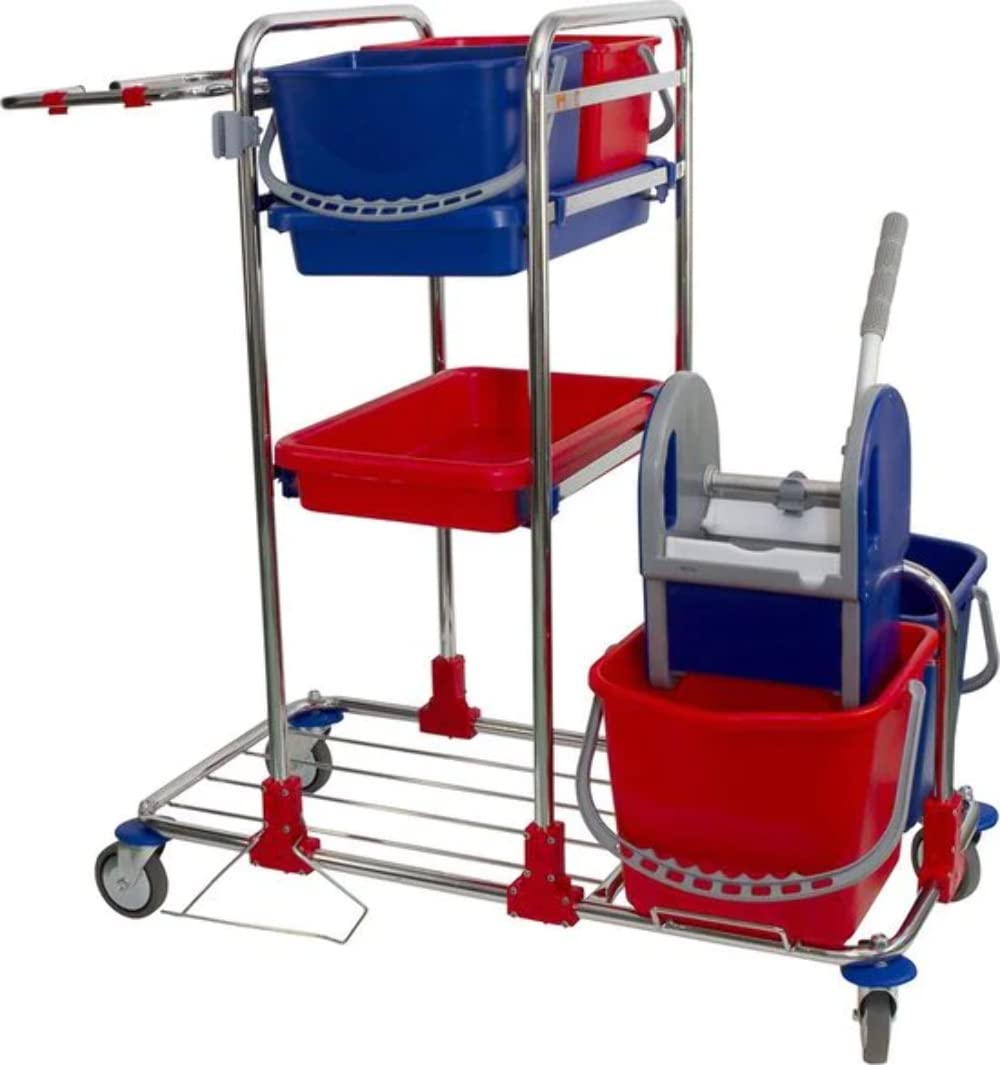 Chrom Putzwagen - Werkwagen - Reinigung - Reinigungswagen mit Rollen - Wischwagen - Büro/Hotel-Systemwagen