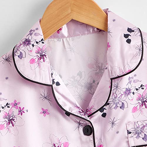 Girls Satin 𝐏a𝐣ama Set Floral Print 𝐒ilk 𝐏ajamas Short Sleeve Button Down Shirts and Long Pants Kids Cute Sl𝐞epwear3