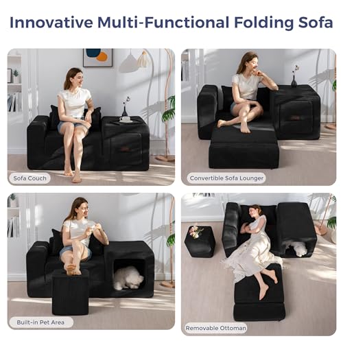 Image of MAXYOYO Folding Sofa Couch, Convertible Floor Sofa with Armrest, Multifunctional Sofa with Pillow and Pockets, Boneless Couch for Living Room, Black
