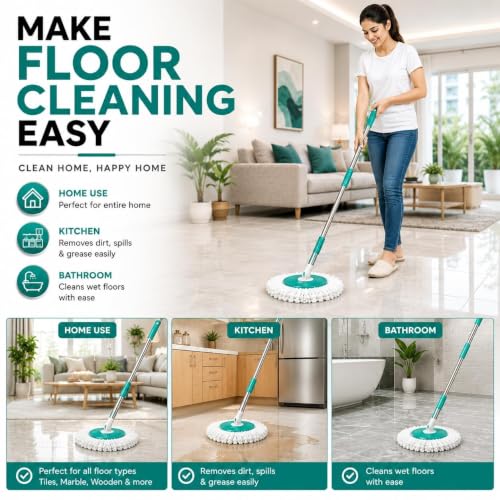 Image of Ultra Premium 360 Spin Mop Stick Rod with Stainless Steel Handle | Adjustable & Extendable Heavy Duty Mop Handle | Floor Cleaning Refill Rod Compatible with Spin Mop (Aqua) (1 Refill)