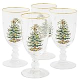 Spode Christmas Tree 16-Ounce Pedestal Goblets, Gold Rim, Set of 4