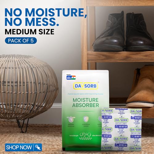 Image of DAVSORB Dehumidifier Room Moisture Absorber, Pack of 5-50gm Medium Size Sachets (5x50=250gm) for Home, Cars, Electronic items, Wardrobe & Shoe Racks; Fights Excess Moisture & Prevents Mould & Fungus