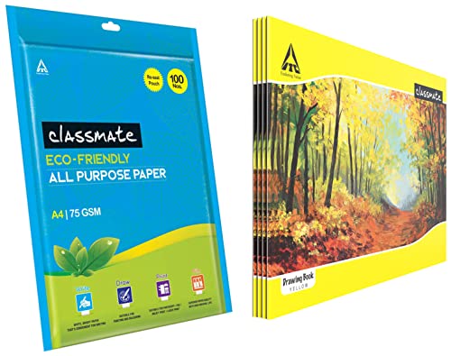 Image of Classmate Drawing Book - Unruled & Classmate A4 Size All Purpose Paper - White, Unruled, Pack of 100