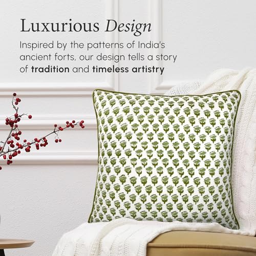 CPC 100% Cotton Throw Pillow Covers 18x18 Inch, Set of 2 Green Block Print Pattern Couch Pillow, Cute Boho Decorative Pillows for Living Room, Bedroom with Hidden Zipper- Emerald Green