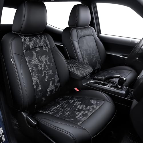bgucar Leather Seat Covers Custom Fit for Tacoma Gen 3rd Double & Crew Cab (2016-2023) - Fully Covered - Fit Like a Glove - Center Console Armrest Covers Included - CamoBlack-Black Stitching