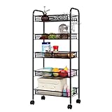 LANGRIA 5-Tier Basket Stand Kitchen Bathroom Trolley Full-Metal Rolling Storage Cart with Lockable Wheels 5 Side Hooks and Shelves Utility Mesh Wire 66 lbs. Weight Capacity (Black)