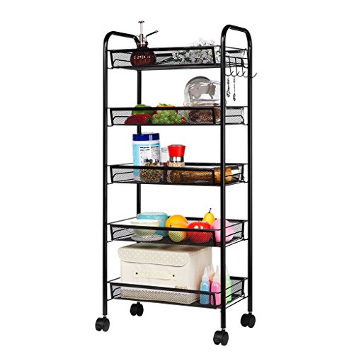 LANGRIA 5-Tier Basket Stand Kitchen Bathroom Trolley Full-Metal Rolling Storage Cart with Lockable Wheels 5 Side Hooks and Shelves Utility Mesh Wire 66 lbs. Weight Capacity (Black)