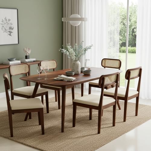 Image of WOODLAB Solid Sheesham Wood 6 Seater Dining Table Set | Wooden Six Seater Dining Table with Cushioned Cane Back Chairs Furniture for Living Room, Home, Hotel & Restaurants (Natural Finish)