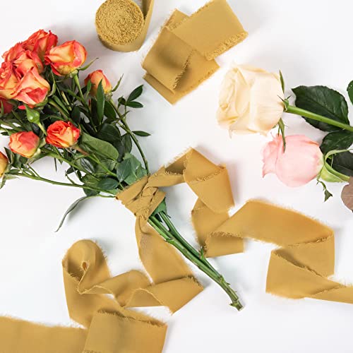 Jedia Gold Ribbon, 3 Rolls Handmade Fringe Chiffon Silk Ribbons, 1.5" X 7Yd Ribbon Set For Gift Wrapping, Wedding Invitations, Bouquet Wrap, Bridal Bouquets, Diy Crafts #TOP3