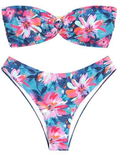 Image of ZAFUL Women's Bandeau Bikini O Ring Strapless Tie Back High Cut Two Piece Swimsuit Bathing Suits