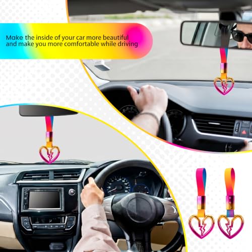 Image of 2PCS Heart Shaped Car Handle Straps, Rear Bumper Warning Keychain Ring for Car Exterior Accessories (Chrome Rainbow Broken Heart - Rainbow)