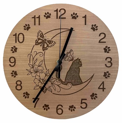 Orologio da parete con gatti, farfalle, fiori, luna, in legno artigianale, decorazioni per la casa, idea regalo amante dei gatti, Orologio da parete di design (Gatto su luna floreale)